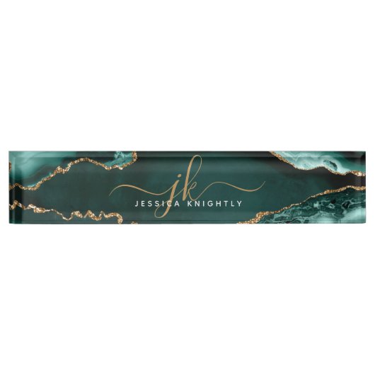 Elegante Turquoise Agaat Gold Script Monogram Naam Naambordje (Voorkant)