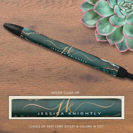 Elegante Turquoise Agaat Gold Script Monogram Naam Zwarte Inkt Pen