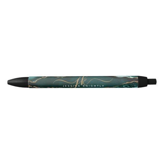 Elegante Turquoise Agaat Gold Script Monogram Naam Zwarte Inkt Pen (Voorkant)