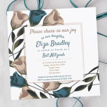 Elegante Turquoise, Beige Rozen Bat Mitzvah Uitnod