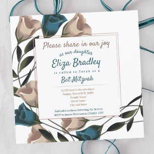 Elegante Turquoise, Beige Rozen Bat Mitzvah Uitnod Kaart