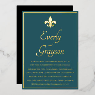 Elegante Turquoise Blauw Goud Fleur De Lis Trouwda Folie Uitnodiging