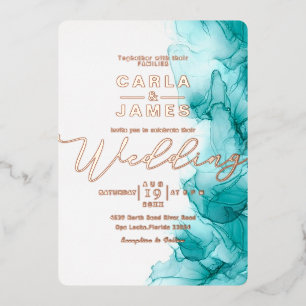 elegante Turquoise Blauwe Alcohol Inkt gouden trou Folie Uitnodiging