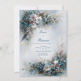 Elegante Turquoise Blauwe Bloem Gouden Veer Trouwf Kaart