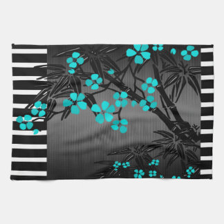 Elegante Turquoise Blauwe Bloem Zwarte Aziatische  Theedoek