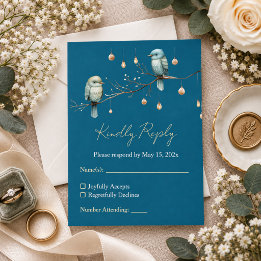Elegante Turquoise Blauwe Bosvogels Gouden Huwelij RSVP Kaartje