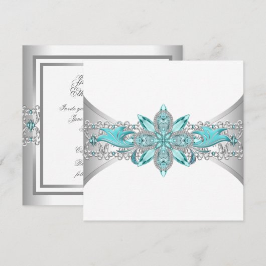 Elegante turquoise blauwe en zilveren bruiloft kaart (Voorkant / Achterkant)
