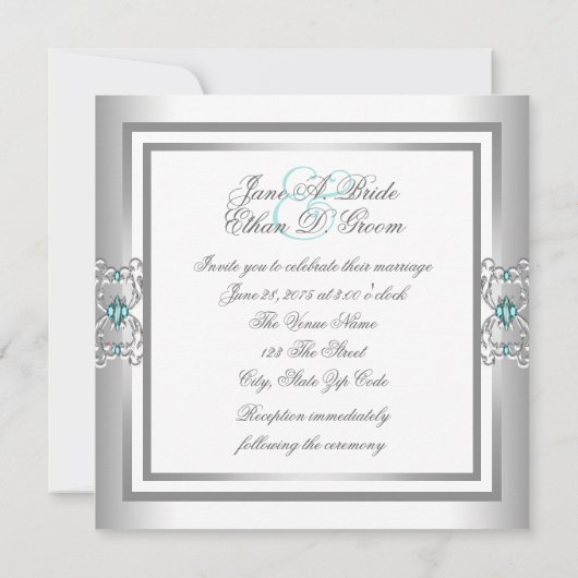 Elegante turquoise blauwe en zilveren bruiloft kaart (Achterkant)