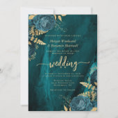 Elegante Turquoise Blauwe Gouden Bloemencode QR Co Kaart (Voorkant)