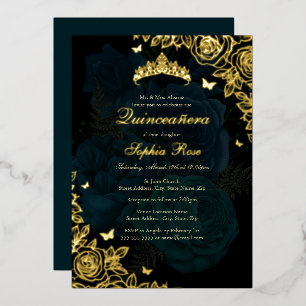 Elegante turquoise blauwe gouden roos Quinceanera Folie Uitnodiging