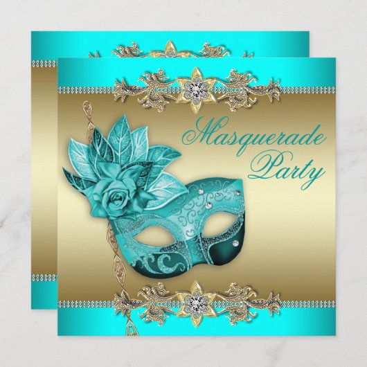 Elegante turquoise blauwe maskerade feestuitnodigi kaart (Voorkant / Achterkant)