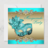 Elegante turquoise blauwe maskerade feestuitnodigi kaart (Voorkant)