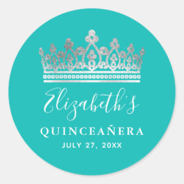 Elegante Turquoise Blauwe Zilveren Kroon Quinceane Ronde Sticker