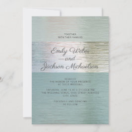 Elegante Turquoise Blauwe Zilveren Zeeglas Bruilof Kaart