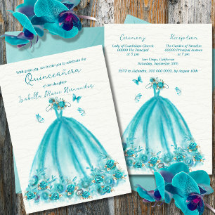 Elegante turquoise bloemenvlinders Quinceañera Kaart