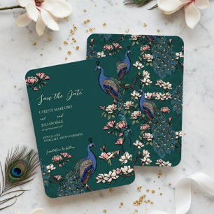 Elegante Turquoise Bloemige Pauw Huwelijk Save The Date