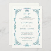 Elegante turquoise bloemrijke kader trouwuitnodigi kaart (Voorkant / Achterkant)