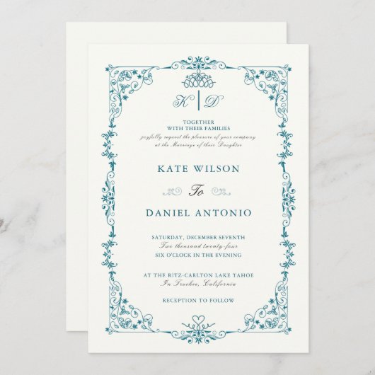 Elegante turquoise bloemrijke kader trouwuitnodigi kaart (Voorkant / Achterkant)