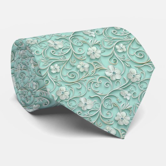 Elegante turquoise bloemtegels patroon stropdas (Opgerold)
