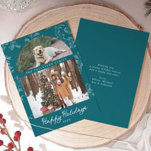 Elegante Turquoise Boog Familie Foto Kerstmis Feestdagenkaart