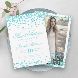 Elegante Turquoise Confetti foto Sweet 16 Kaart