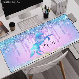 Elegante Turquoise Eenhoorn Glitter Drips monogram Bureaumat