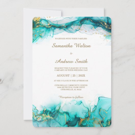 Elegante Turquoise en Gouden Bruiloft Kaart (Voorkant)