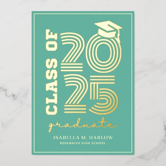 Elegante turquoise en gouden eindexamen aankondigi folie uitnodiging (Voorkant)