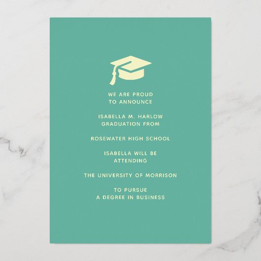 Elegante turquoise en gouden eindexamen aankondigi folie uitnodiging (Achterkant)