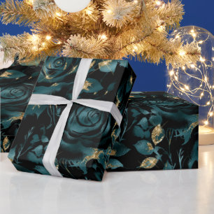 Elegante turquoise en gouden roos bloempatroon cadeaupapier