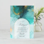 Elegante turquoise en gouden vloeiende inkt bruilo kaart (Staand voorkant)