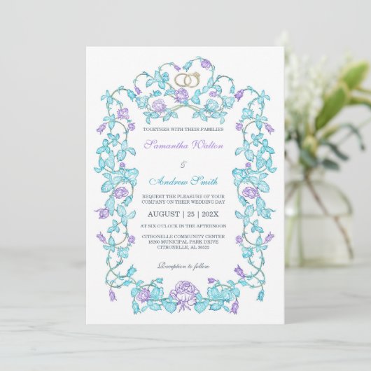 Elegante Turquoise En Paarse Bruiloft Kaart (Staand voorkant)