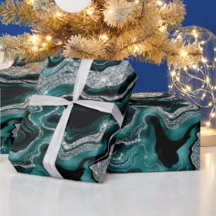 Elegante turquoise en zilveren glitter agaat verja cadeaupapier