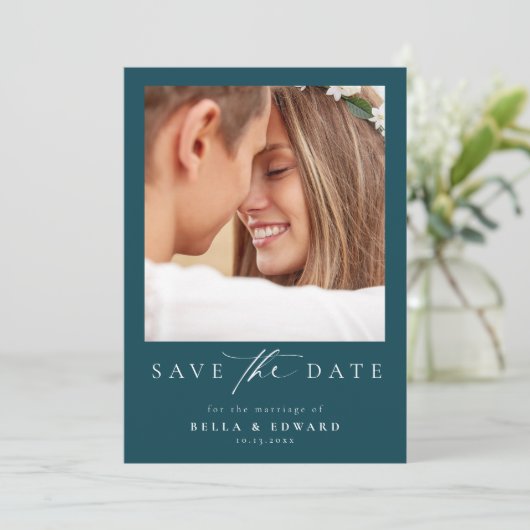 Elegante Turquoise foto bruiloft Bewaar de datum Save The Date (Staand voorkant)