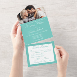 Elegante Turquoise Foto Huwelijksuitnodiging All In One Uitnodiging