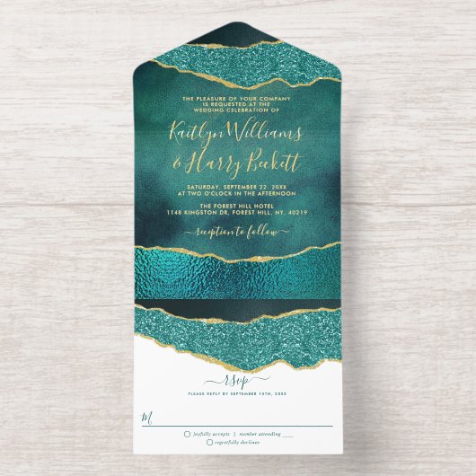 Elegante Turquoise Geode Agaat bruiloft Echte Foli All In One Uitnodiging (Binnenkant)