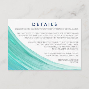 Elegante Turquoise getijden strand bruiloft detail Informatiekaartje