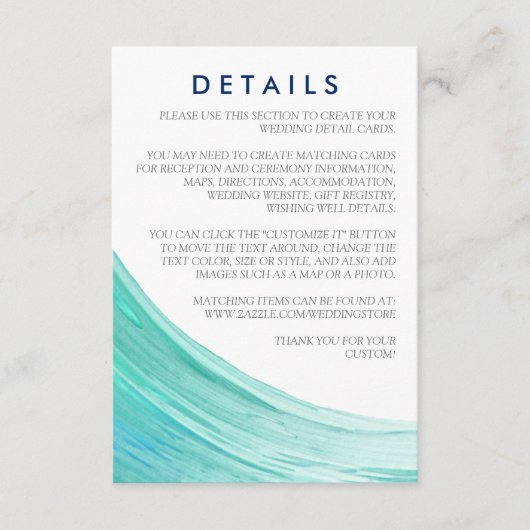 Elegante Turquoise getijden strand bruiloft detail Informatiekaartje (Voorkant)