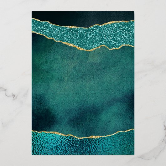 Elegante Turquoise & Gold Agaat Huwelijksrepetitie Folie Uitnodiging (Achterkant)