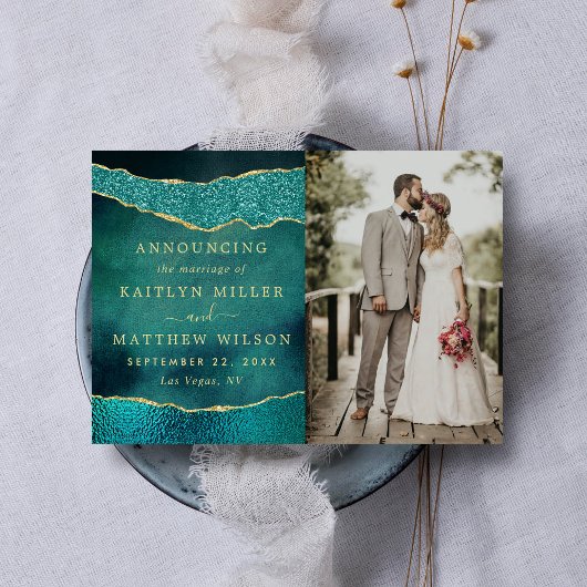 Elegante Turquoise & Gold Agaat trouwfoto Aankondiging