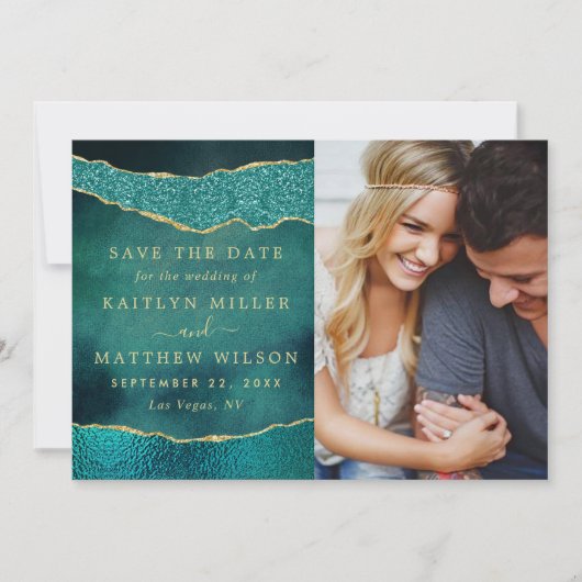 Elegante Turquoise & Gold Agaat trouwfoto Save The Date (Voorkant)
