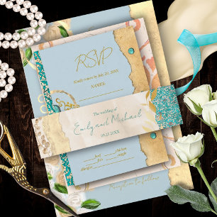 Elegante turquoise gouden bloemenkant bruiloft uitnodigingen wikkel