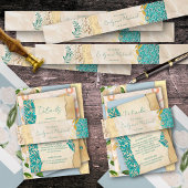 Elegante turquoise gouden bloemenkant bruiloft uitnodigingen wikkel