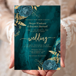 Elegante turquoise gouden bloemige bruiloft kaart