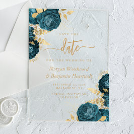 Elegante Turquoise Gouden Bloemige Trouw Save the  Acryl Uitnodigingen