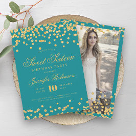 Elegante Turquoise Gouden Confetti Foto Sweet 16 Kaart