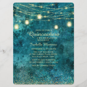Elegante turquoise gouden glitter slingerlicht Qui Kaart