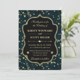 Elegante Turquoise & Gouden Hemelse Sterrenbruilof Kaart