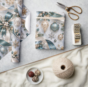 Elegante Turquoise Gouden Kerstlinten Cadeaupapier