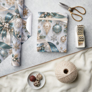 Elegante Turquoise Gouden Kerstlinten Cadeaupapier
